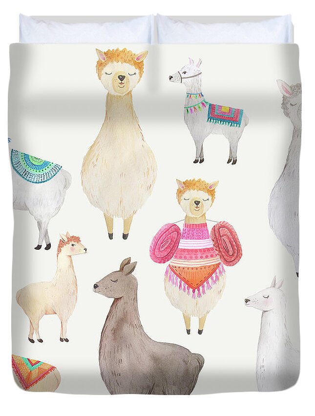 Llamas Duvet Cover featuring the painting Watercolor Llamas by Modern Art