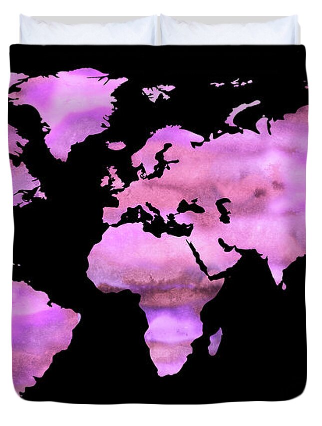 Fascia Duvet Cover featuring the painting Watercolor Map Of The World In Fascia Pink by Irina Sztukowski