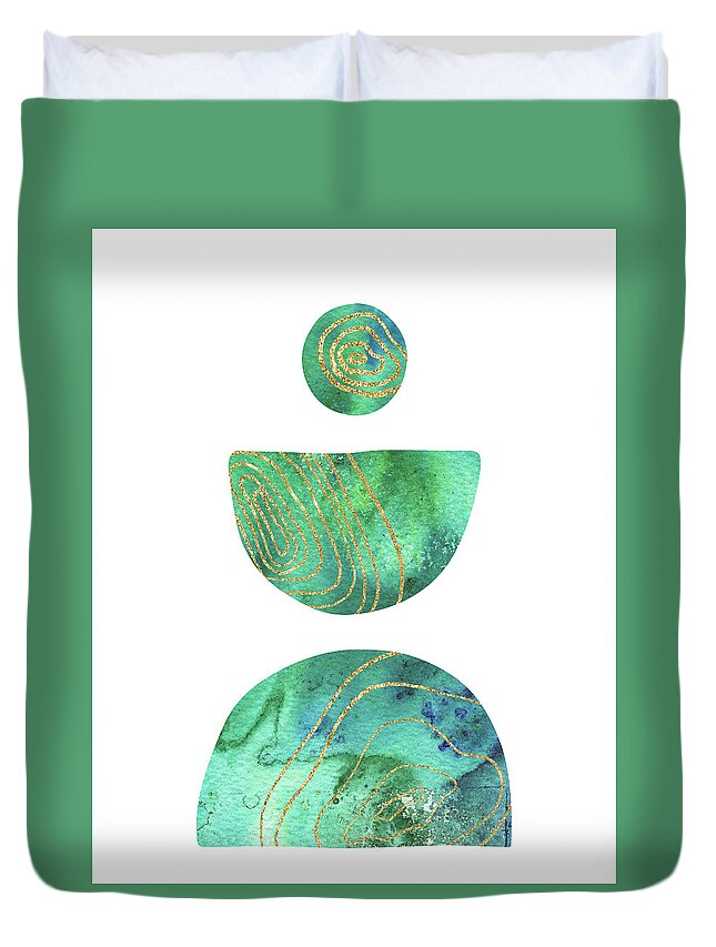 Boho Shapes Duvet Cover featuring the painting Watercolor Minimalism Boho Shapes And Silhouettes Green Blue Turquoise Zen Rocks I by Irina Sztukowski