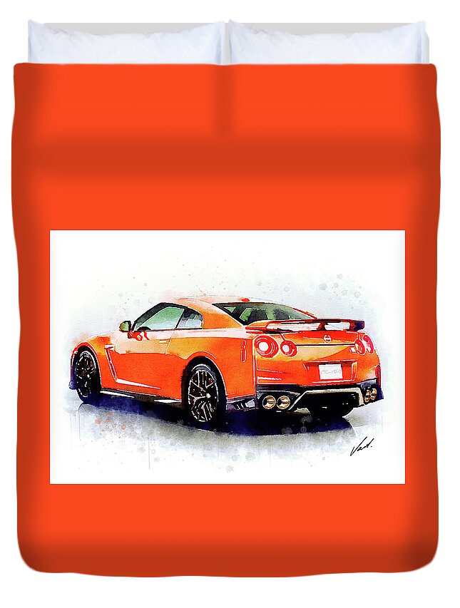 Watercolor Duvet Cover featuring the painting Watercolor Nissan GT-R - oryginal artwork by Vart. by Vart