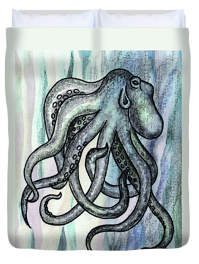 Octopus Duvet Cover featuring the painting Watercolor Octopus Beach Art Teal Blue Sea Creature by Irina Sztukowski
