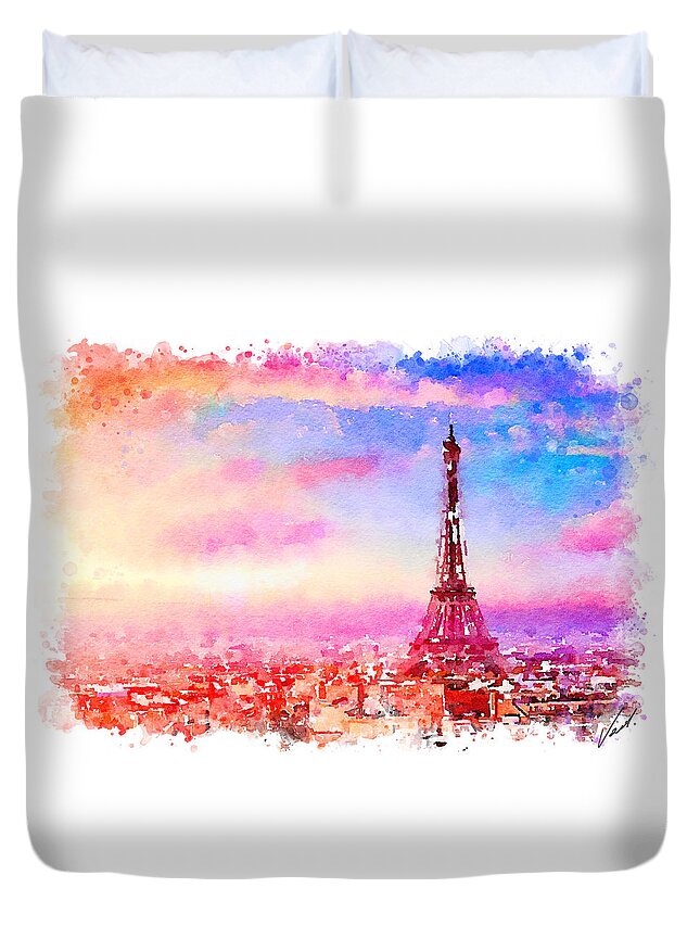 Watercolor Duvet Cover featuring the painting Watercolor Paris by Vart by Vart Studio