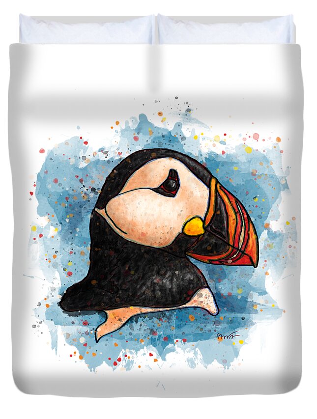 Watercolor Duvet Cover featuring the painting Watercolor puffin splatter art, Puffin head by Nadia CHEVREL