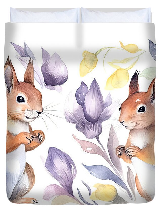 Watercolor Duvet Cover featuring the painting Watercolor squirrels with crocus. Spring bright colors for texti by N Akkash
