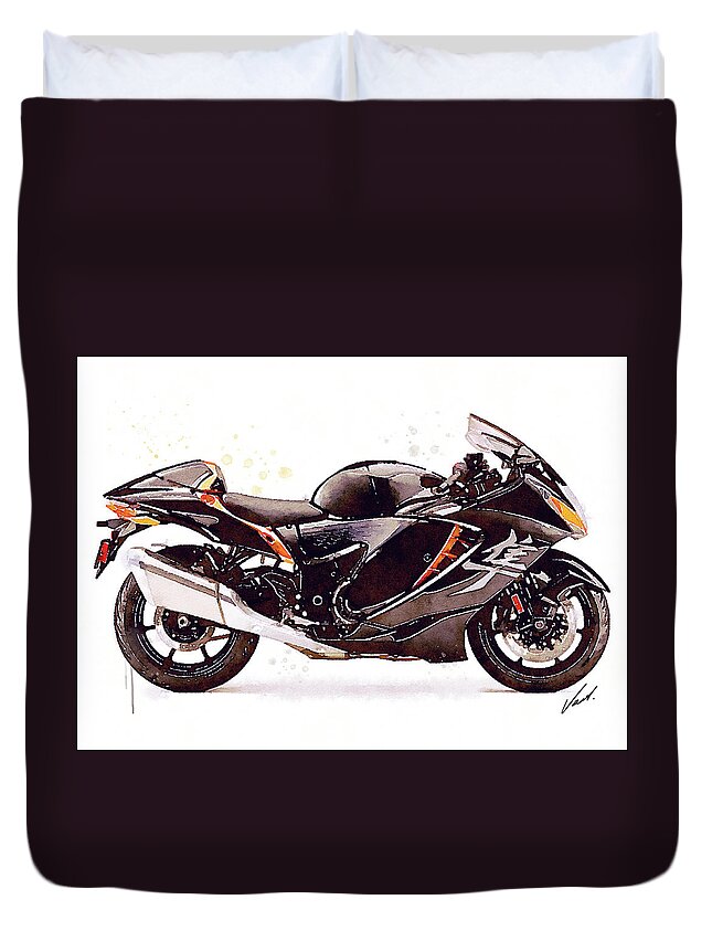 Sport Duvet Cover featuring the painting Watercolor Suzuki Hayabusa GSX 1300R motorcycle - oryginal artwork by Vart. by Vart Studio