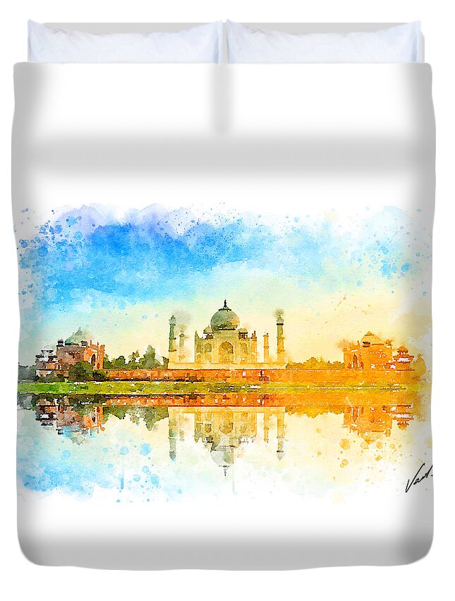 Watercolor Duvet Cover featuring the painting Watercolor Tajmahal, India by Vart by Vart Studio