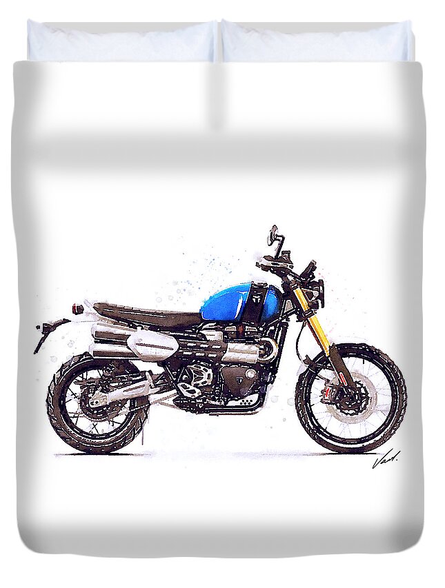 Motorcycle Duvet Cover featuring the painting Watercolor Triumph Scrambler 1200XE motorcycle - oryginal artwork by Vart. by Vart