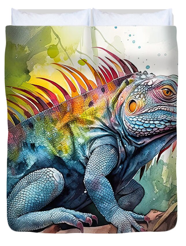 Iguana Duvet Cover featuring the painting Watercolour painting of colorful iguana in the rain forest, ill by N Akkash