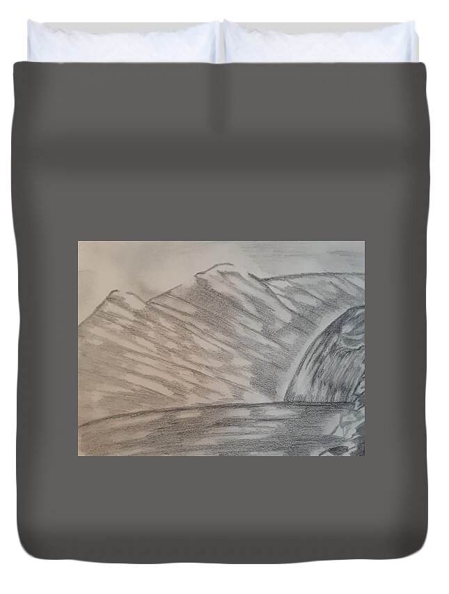 Mountains Duvet Cover featuring the drawing Waterfall Beauty by Tina Marie Gill