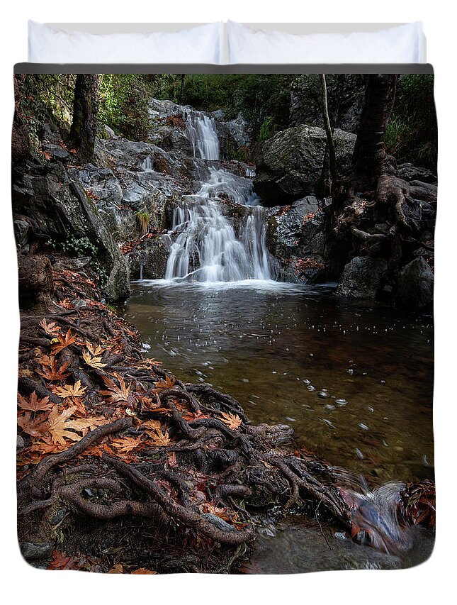 Waterfall Duvet Cover featuring the photograph Waterfall in autumn. by Michalakis Ppalis