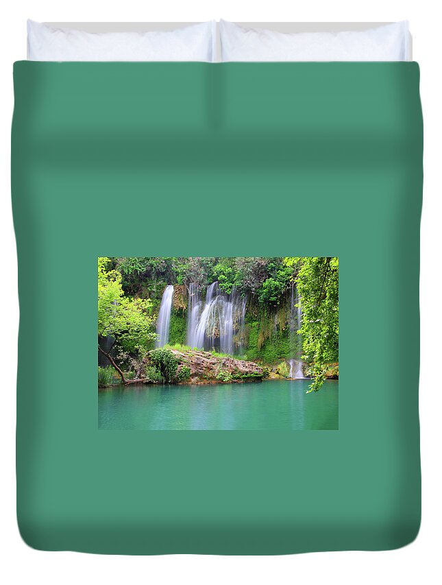 Waterfall Duvet Cover featuring the photograph Waterfall In Forest by Mikhail Kokhanchikov