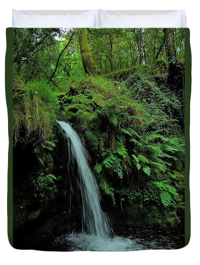 Waterfall Duvet Cover featuring the photograph Waterfall in the middle of Carvalhais forest by Angelo DeVal