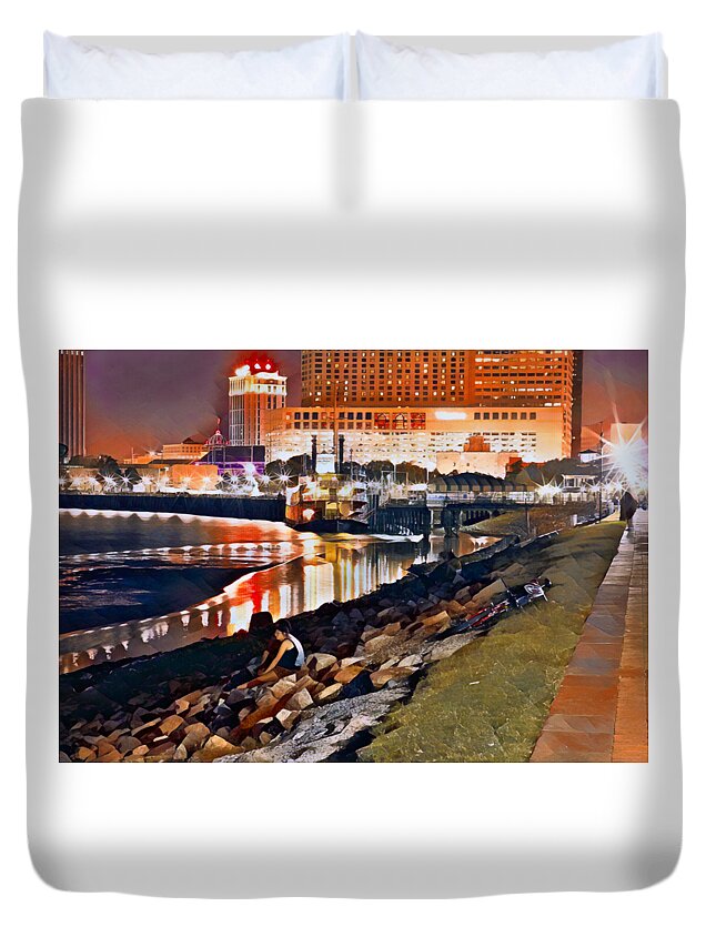 Nola Duvet Cover featuring the painting Waterfront New Orleans, Summer Night by Eyes Of CC