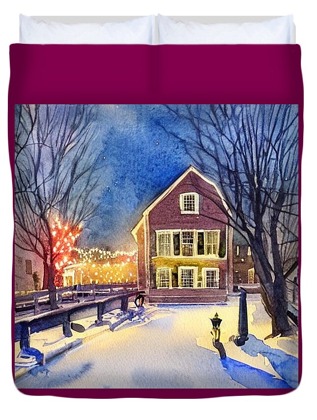 Waterloo Village Duvet Cover featuring the painting Waterloo Village, Morris Canal at Night 2 by Christopher Lotito