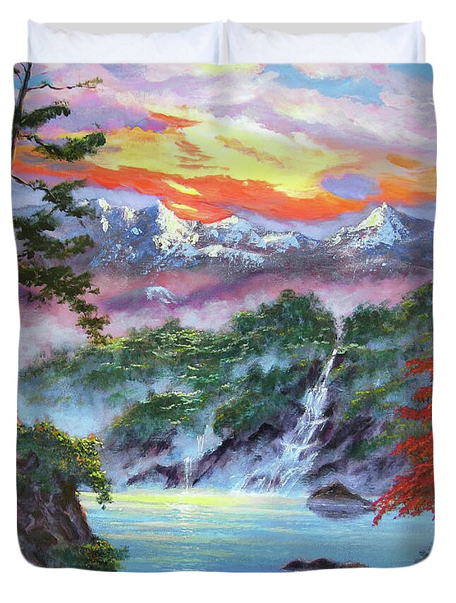 Landscape Duvet Cover featuring the painting Watersounds In The Lake by David Lloyd Glover