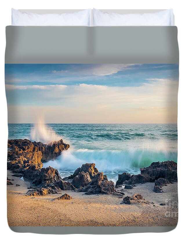 Wave Duvet Cover featuring the photograph Wave and Rocks by Tom Claud