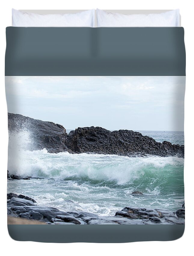 Waves Duvet Cover featuring the photograph Waves Breaking on a Rocky Shoreline by Mark Stout