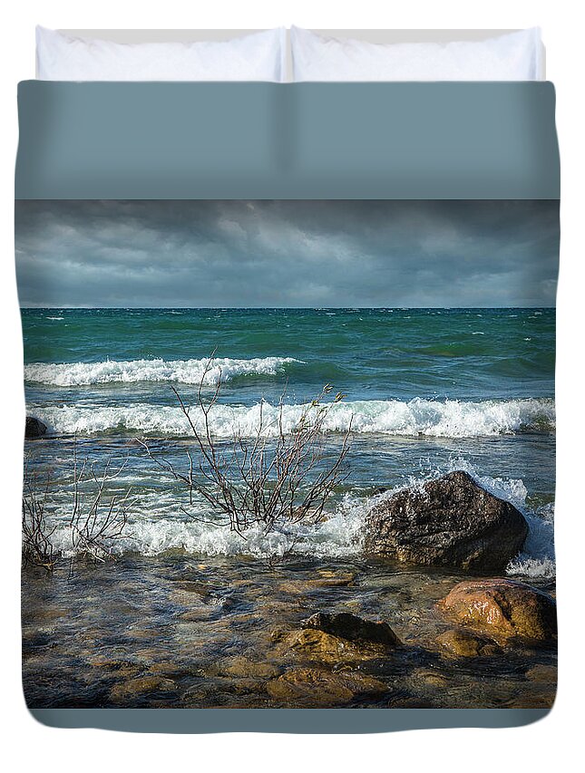 Grand Traverse Bay Duvet Cover featuring the photograph Waves coming ashore at Northport Point on Lake Michigan by Randall Nyhof