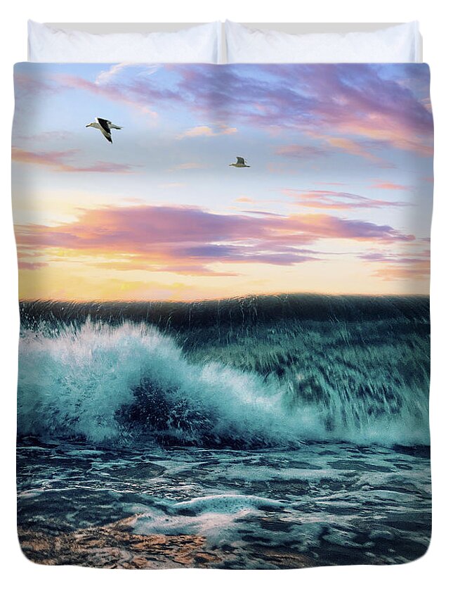 Seagulls Duvet Cover featuring the digital art Waves Crashing At Sunset by Phil Perkins