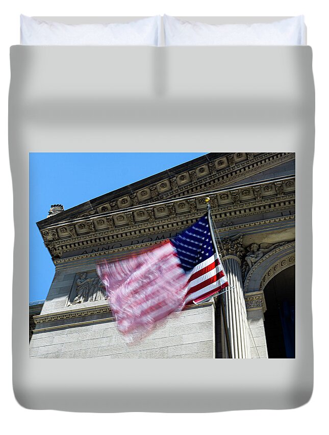 Waving American Flag Chicago Long Exposure Duvet Cover featuring the photograph Waving American Flag - Chicago by David Morehead