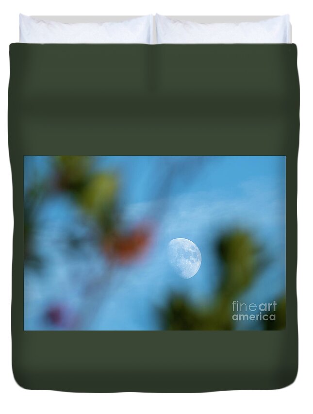Nature Duvet Cover featuring the photograph Waxing Gibous Moon Between Trees Blue Sky Costa Ballena Cadiz by Pablo Avanzini