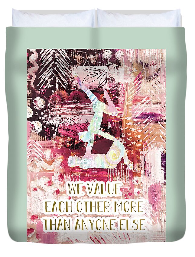 We Value Each Other Duvet Cover featuring the drawing We value each other by Claudia Schoen