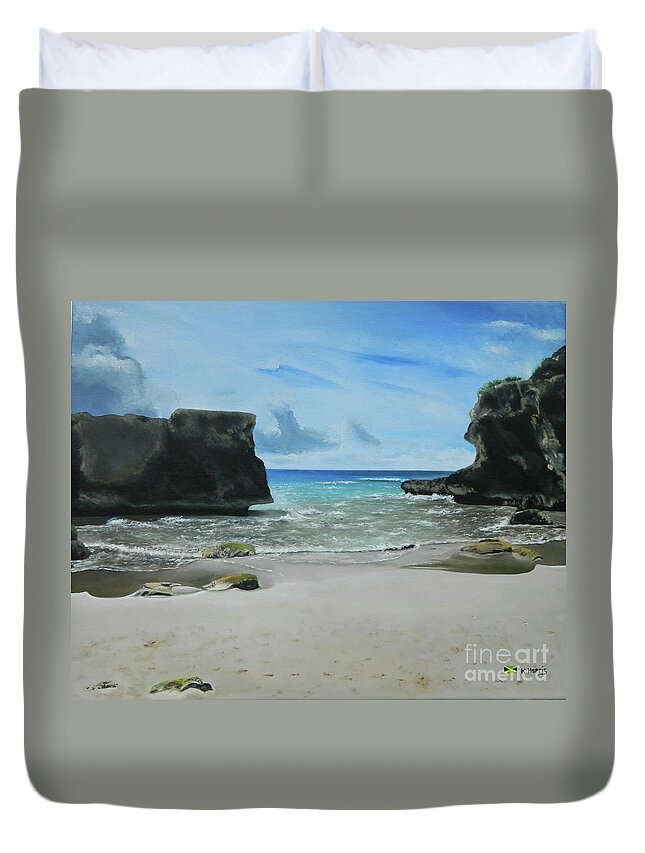 Tropical Landscape Duvet Cover featuring the painting We Were Here by Kenneth Harris