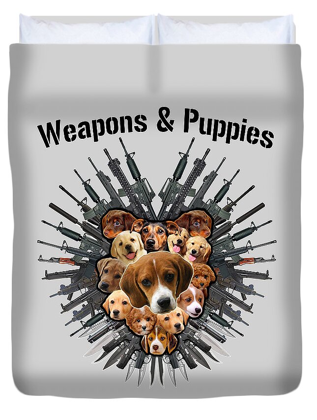 Puppy Duvet Cover featuring the painting Weapons and Puppies Black Text by Yom Tov Blumenthal