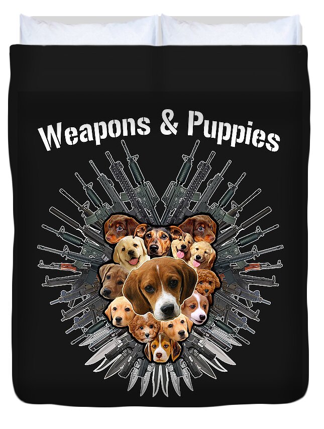 Puppy Duvet Cover featuring the painting Weapons and Puppies White Text by Yom Tov Blumenthal