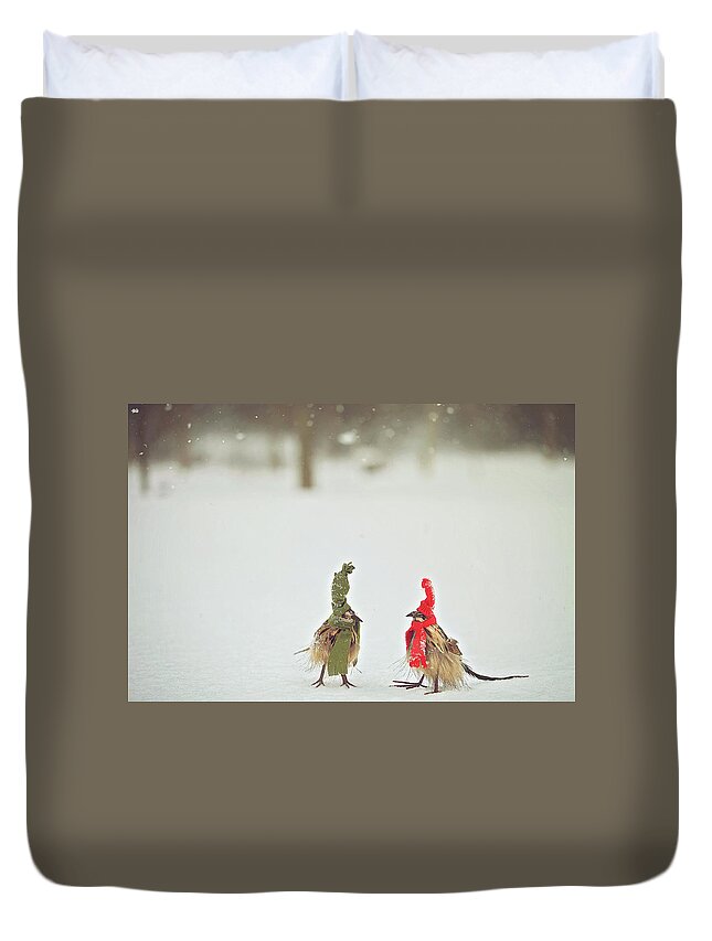 Snow Duvet Cover featuring the photograph Weathered Feathered Friends by Carrie Ann Grippo-Pike