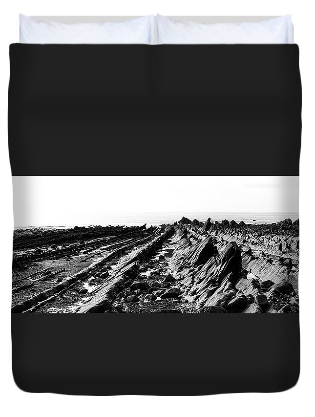 Coast Duvet Cover featuring the photograph Welcombe Mouth beach North Devon South West Coast Path black and white 2 by Sonny Ryse