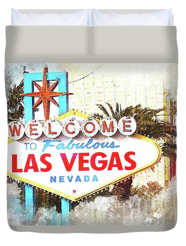 Welcome To Fabulous Las Vegas Duvet Cover featuring the digital art Welcome to Fabulous Las Vegas Sign by Tatiana Travelways