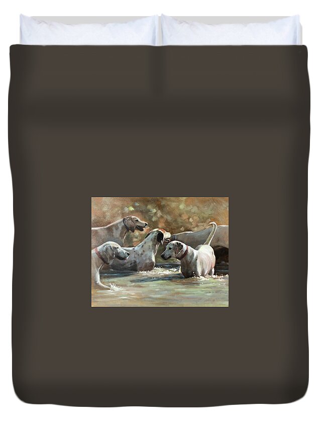 Hounds Dogs Dog Foxhunt Foxhounds Hunt Water Wading Playing Contemporary Art Painting Realism Duvet Cover featuring the painting Well Hello by Susan Bradbury