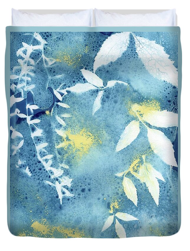 Wet Cyanotype Duvet Cover featuring the photograph Wet cyanotype vine leaf by Jane Linders