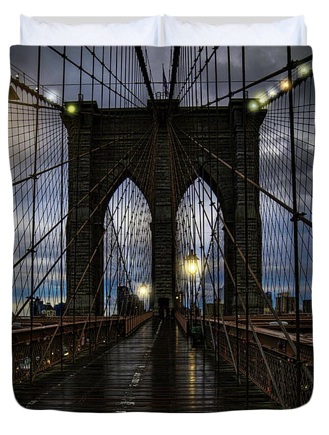 Streetlights Duvet Cover featuring the photograph Wet Day On The Brooklyn Bridge by Chris Lord