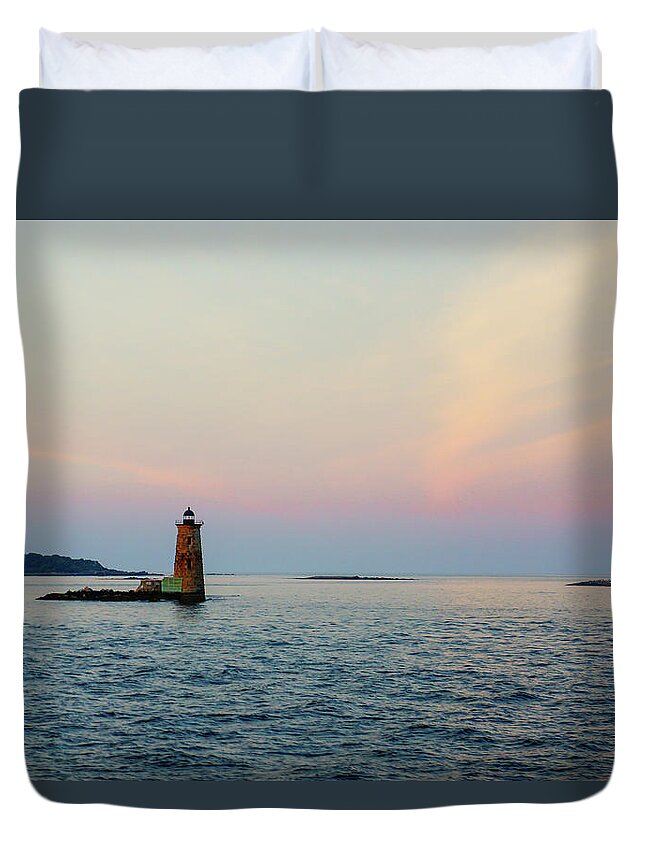Whaleback Lighthouse Duvet Cover featuring the digital art Whaleback Lighthouse - Pastel Skies by Deb Bryce