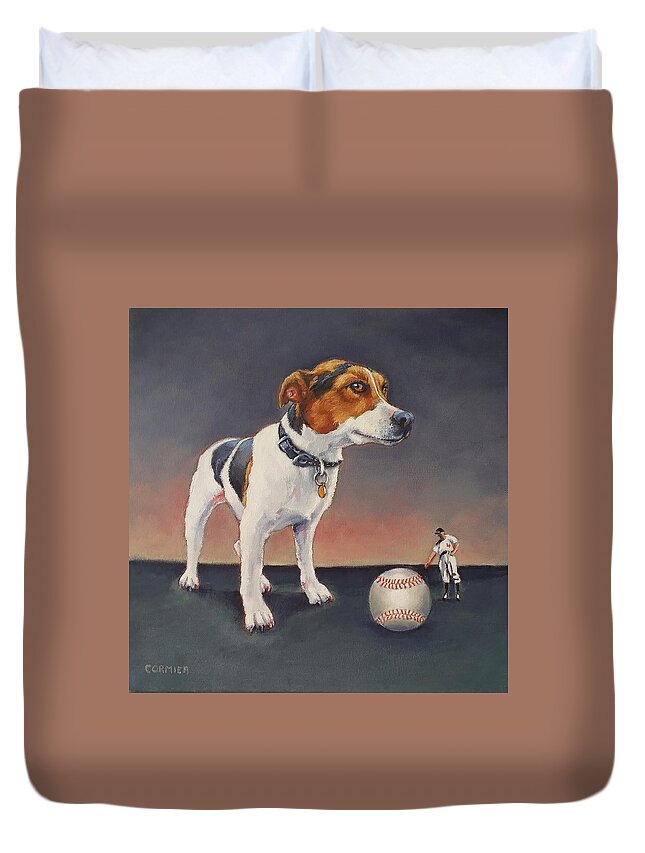 Dog Duvet Cover featuring the painting What I Saw In Right Field by Jean Cormier