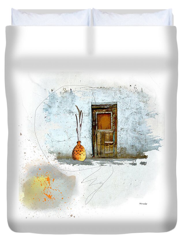 Old Duvet Cover featuring the mixed media What Lies Behind this Locked Door? by Moira Law