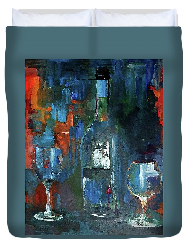 Grunge Duvet Cover featuring the painting What Was Left Behind Empty Wine Bottle by Lisa Kaiser
