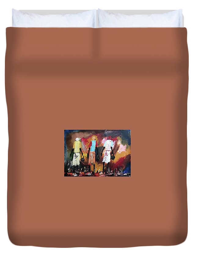 African Art Duvet Cover featuring the painting What's For Dinner by Peter Sibeko 1940-2013