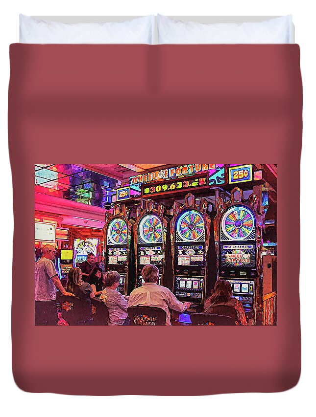 Wheel Of Fortune Duvet Cover featuring the digital art Wheel of Fortune Flamingo Las Vegas by Tatiana Travelways