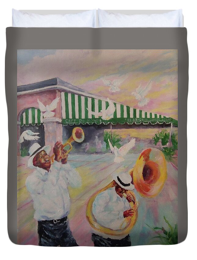 Mardi Gras Duvet Cover featuring the painting When the Saints Go Marching In--Cafe Du Monde by ML McCormick