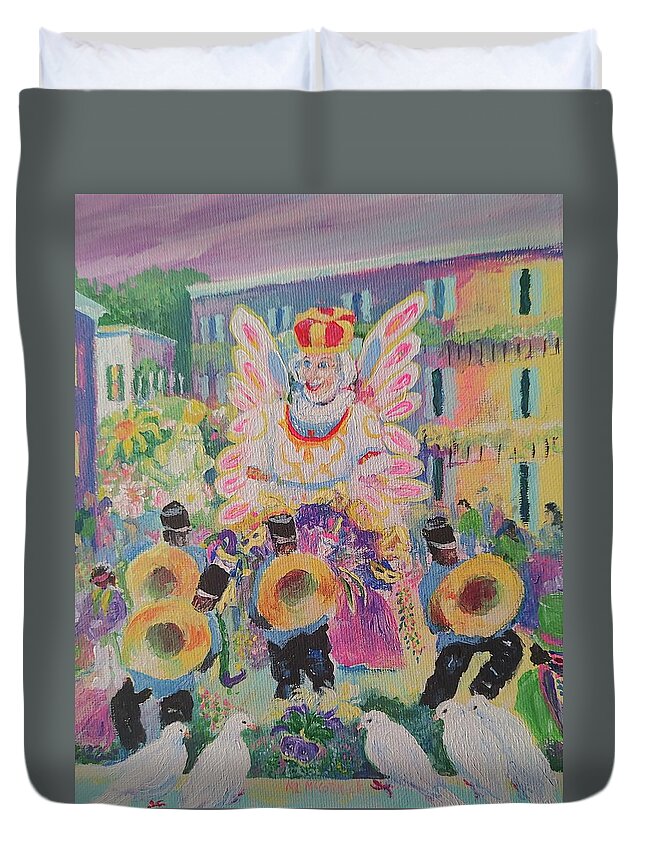 Mardi Gras Duvet Cover featuring the painting When the Saints Go Marching In---Mardi Gras King Rex by ML McCormick