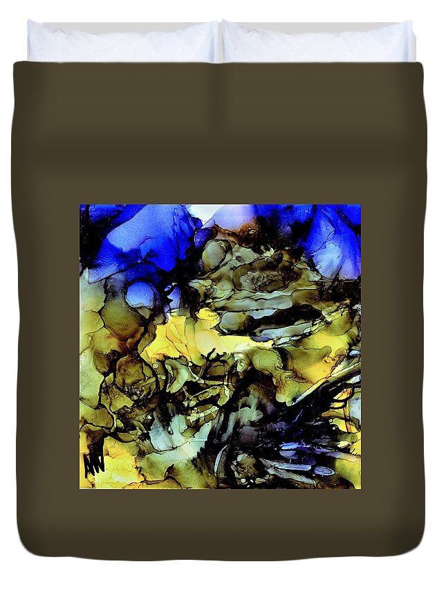 Blue Duvet Cover featuring the painting When you bay at the moon by Angela Marinari