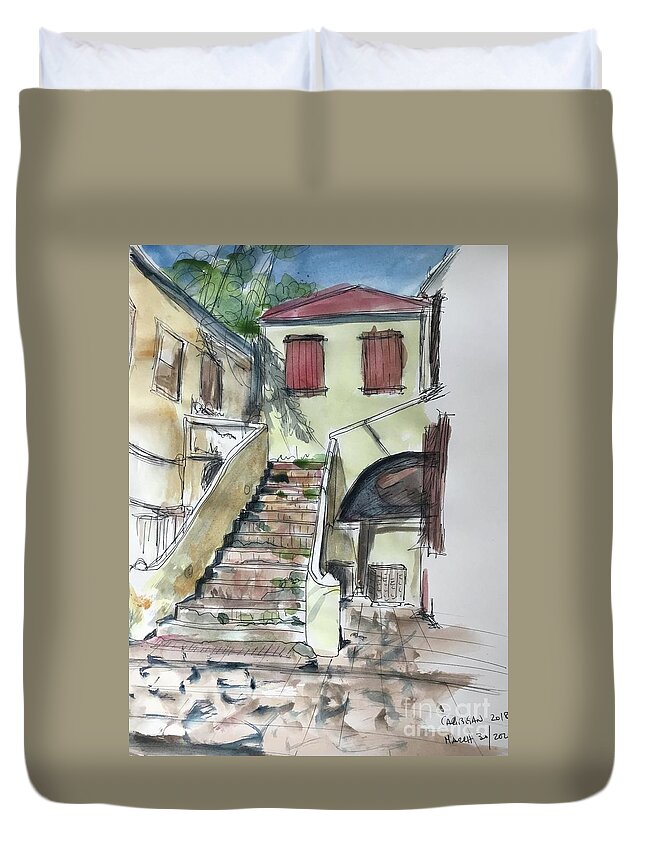 Caribbean Architecture Duvet Cover featuring the drawing Where do they go? by Sonia Mocnik