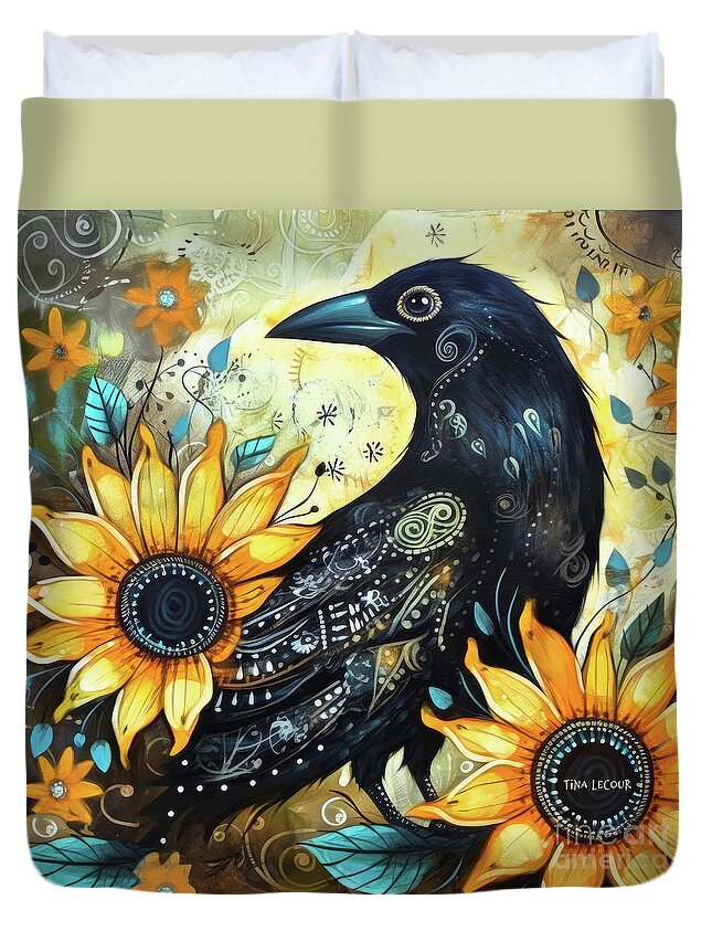 Black Crow Duvet Cover featuring the painting Whimsical Black Crow by Tina LeCour