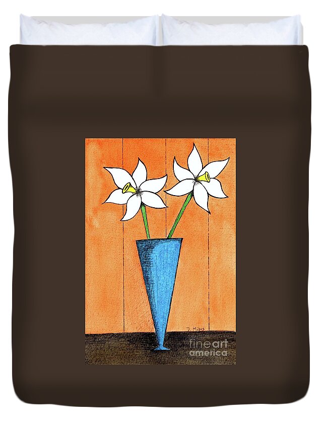 Mid Century Flowers Duvet Cover featuring the painting Whimsical White Flowers in Blue Vase by Donna Mibus