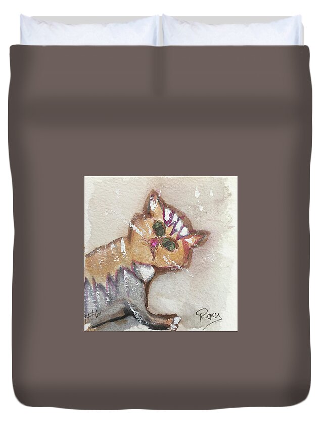 Whimsy Duvet Cover featuring the painting Whimsy Kitty 6 by Roxy Rich