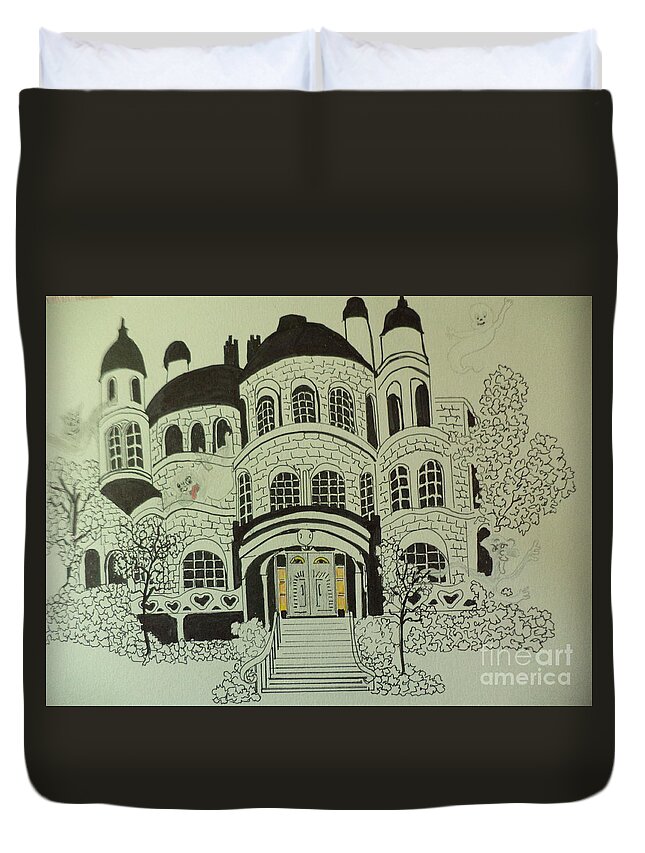  Duvet Cover featuring the drawing Whip Staff Manor Ink Drawing by Donald Northup
