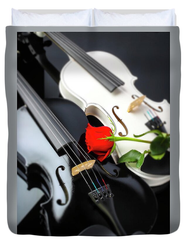 Violin Duvet Cover featuring the photograph White And Black Violin With Red Rose by Garry Gay